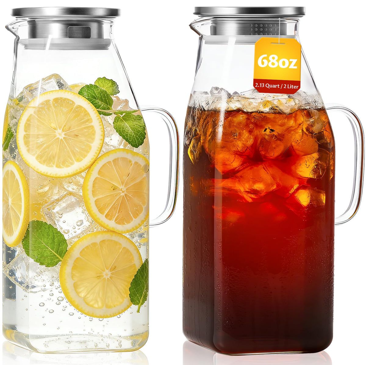 2-Pack Glass Pitcher with Lid, 68oz Borosilicate Carafe for Hot/Cold Drinks