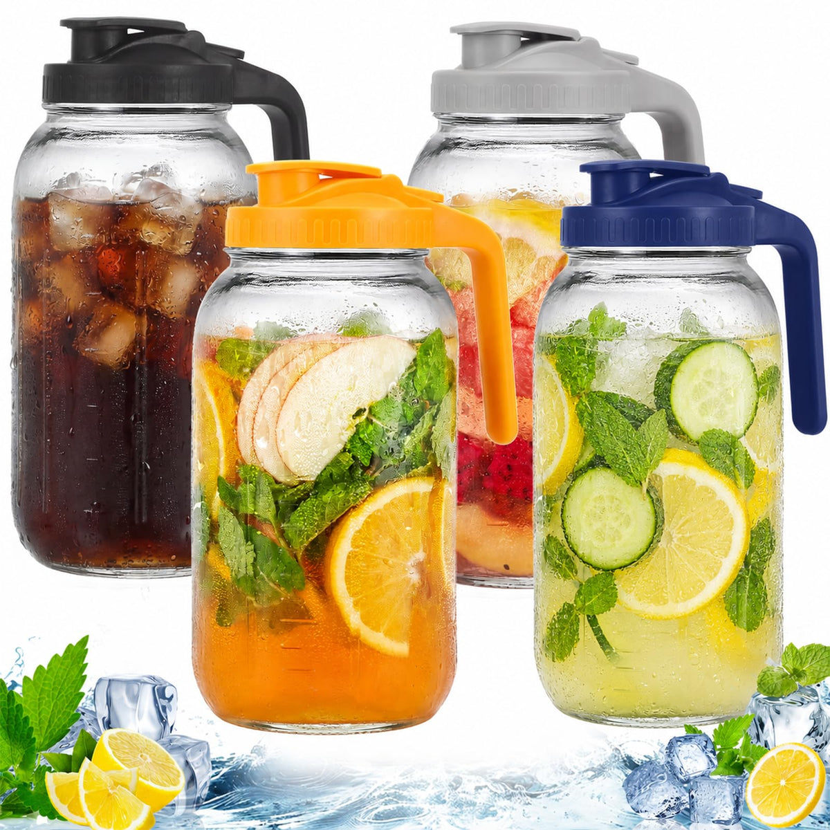 3 Pack Glass Pitchers with Lid, 64 oz Sun Tea Pitcher, Half Gallon Mason Jar Pitcher with Wide Mouth Airtight Lid for Ice Tea, Cold Brew Coffee, Fridge Water, Milk, Juices, Leak Proof Water Jug