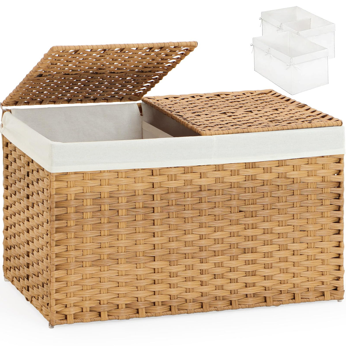 SETVSON Storage Basket with Lid Rattan Woven Storage Baskets with 2 Separate Lids, 17.2 Gallon (65 L), 22 x 13 x 13.8 Inches,Foldable, 2 Removable Liner Bags Handles for Bedroom, Laundry Room Natural