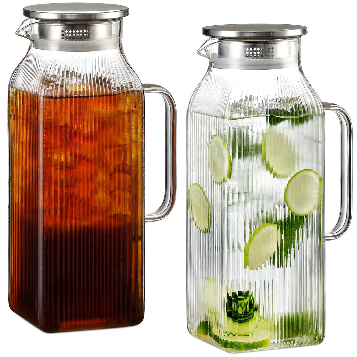 2 Pack 2 Liter/68 oz Square Glass Pitcher with Lid, Classic Stripes Water Pitchers with Handle for Fridge, Large Jug for Iced Tea, Borosilicate Glass Carafe for Hot/Cold Brew Drink, Silver