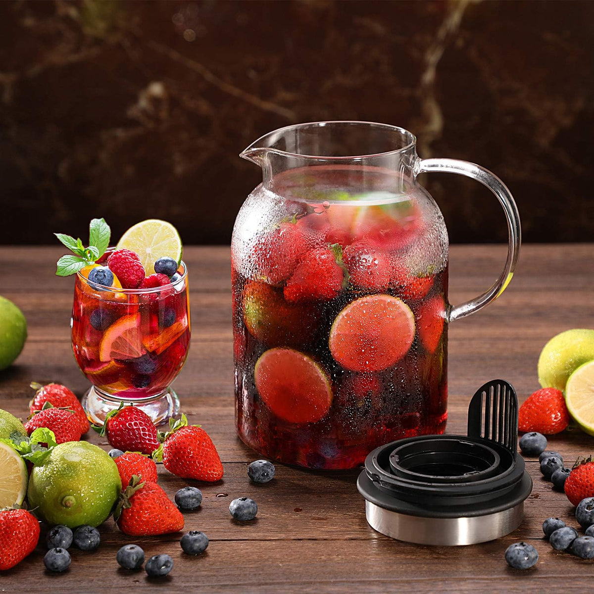 Glass Water Pitcher, Fruit Infuser Pitcher with Removable Lid, High Heat Resistance Infusion Carafe for Hot/Cold Water, Flavor-Infused Beverage & Iced Tea - 2 Qt