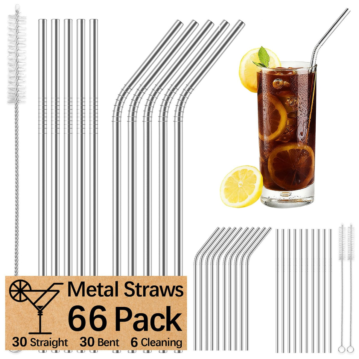 110 Pack metal straws reusable,50 Straight +50 Bent 8.5 Inch Stainless Steel Straws,10 Cleaning Brushes Included, Perfectly Compatible with 20oz Cup Tumblers