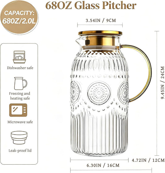 Amzcku Glass Pitcher with Lid 68oz 2L Vintage Water Carafe Beverage 1Pack