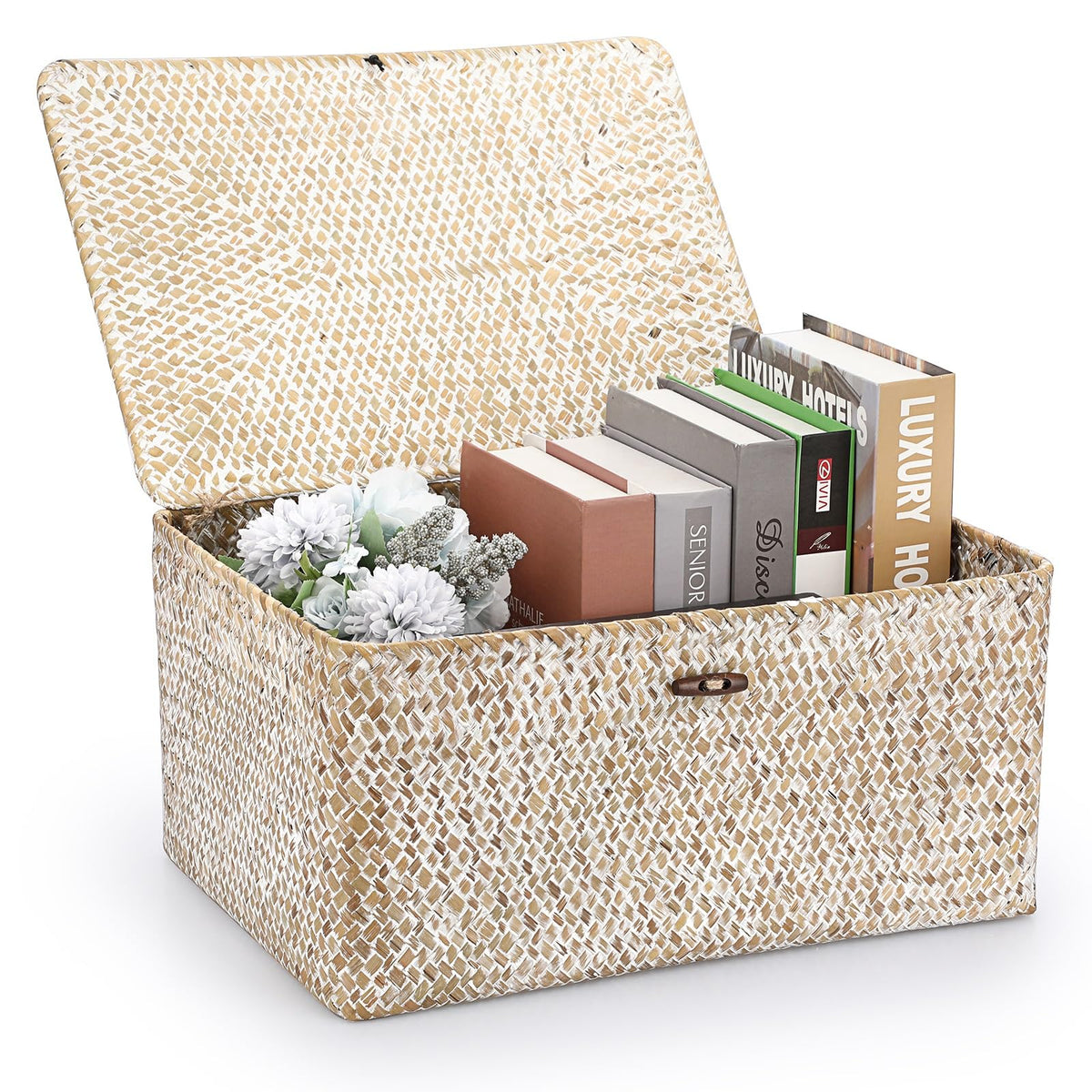 Hipiwe Wicker Shelf Baskets Bin with Lid Woven Seagrass Storage Box, Large