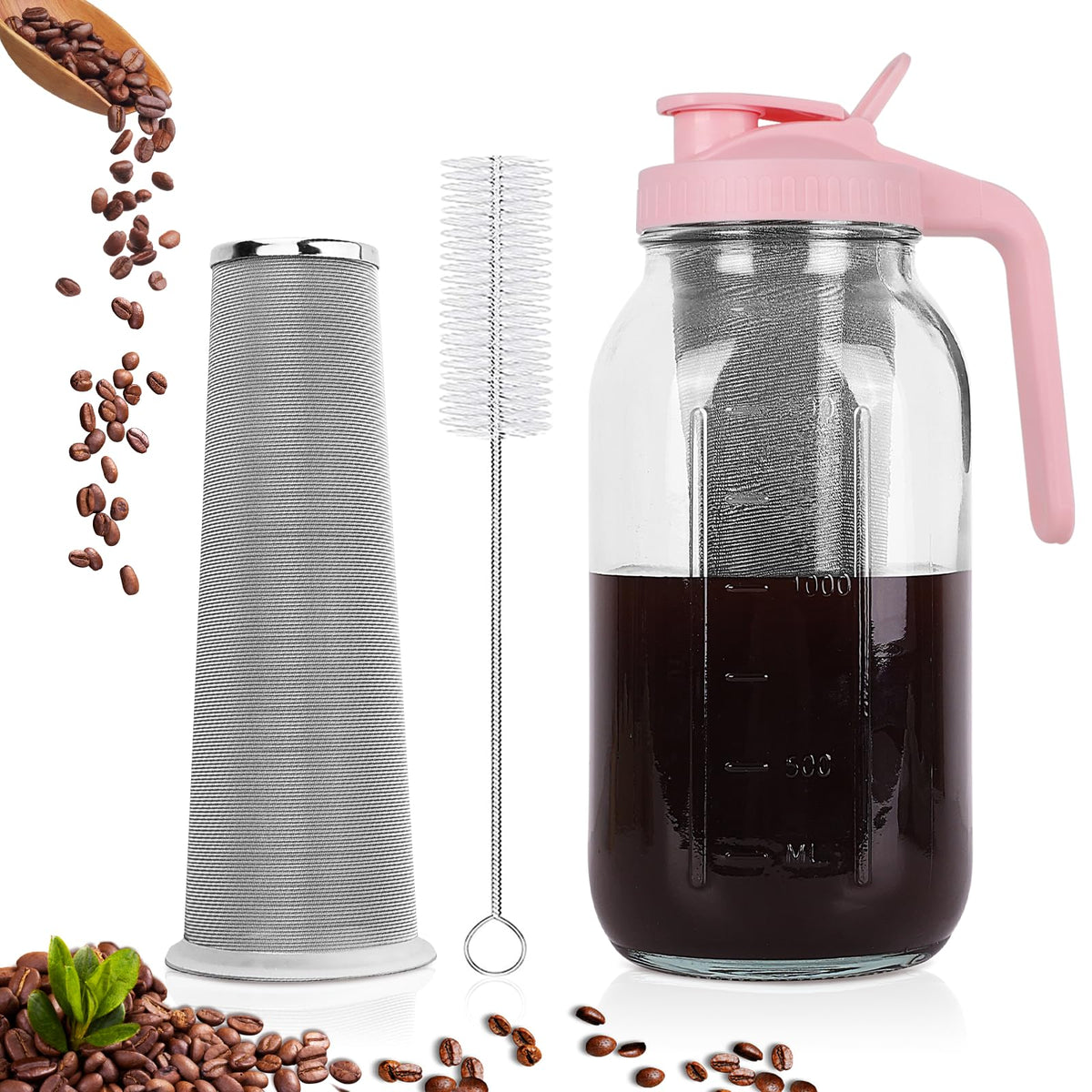 Cold Brew Coffee Maker, 64 oz Mason Jar Pitcher with Stainless Steel Filter, Pour Spout Handle Lid, Airtight & Leak-Proof for Iced Coffee,Tea & Lemonade