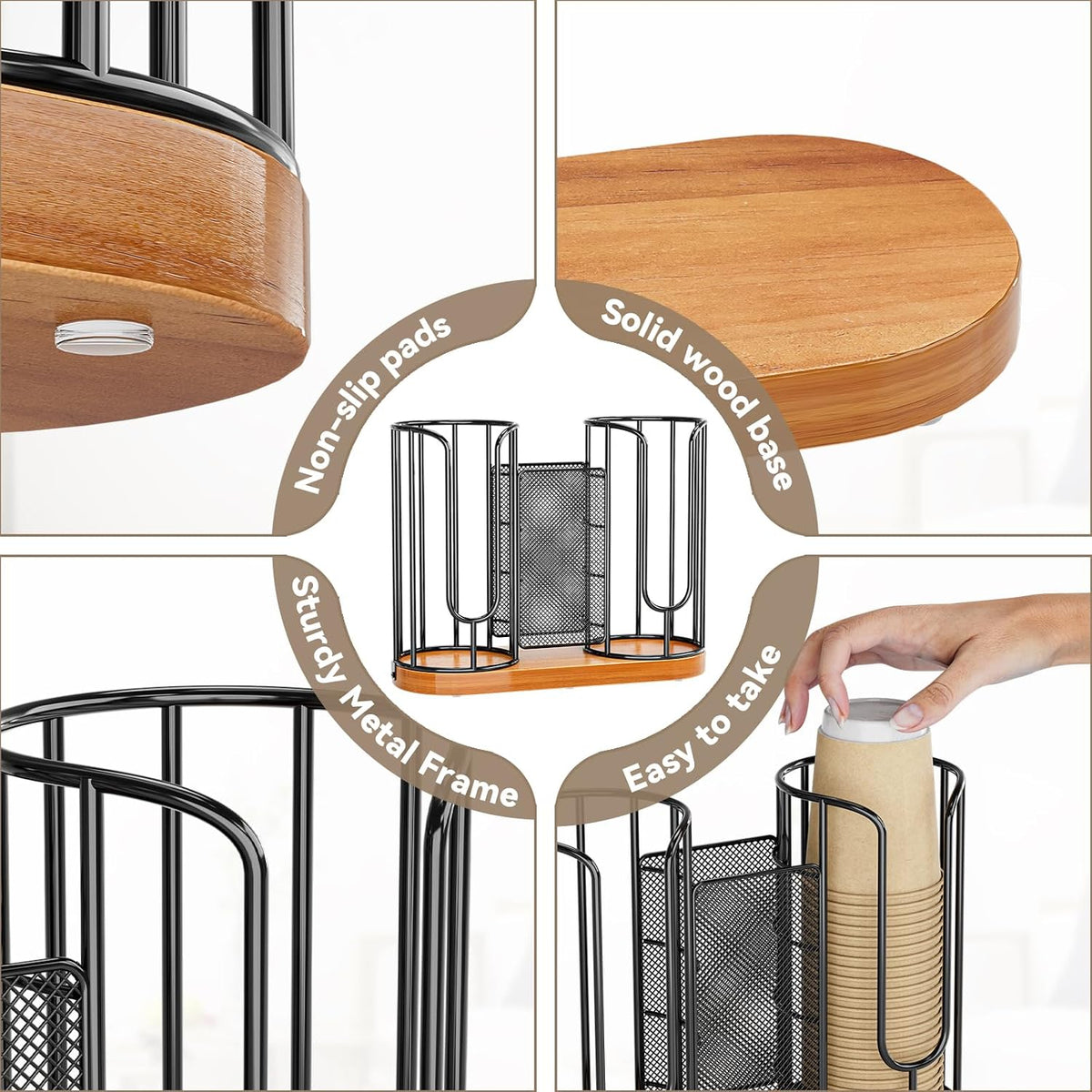 Coffee Cup and Lids Holder - 8oz-24oz Disposable Cups Organizer Wooden Base