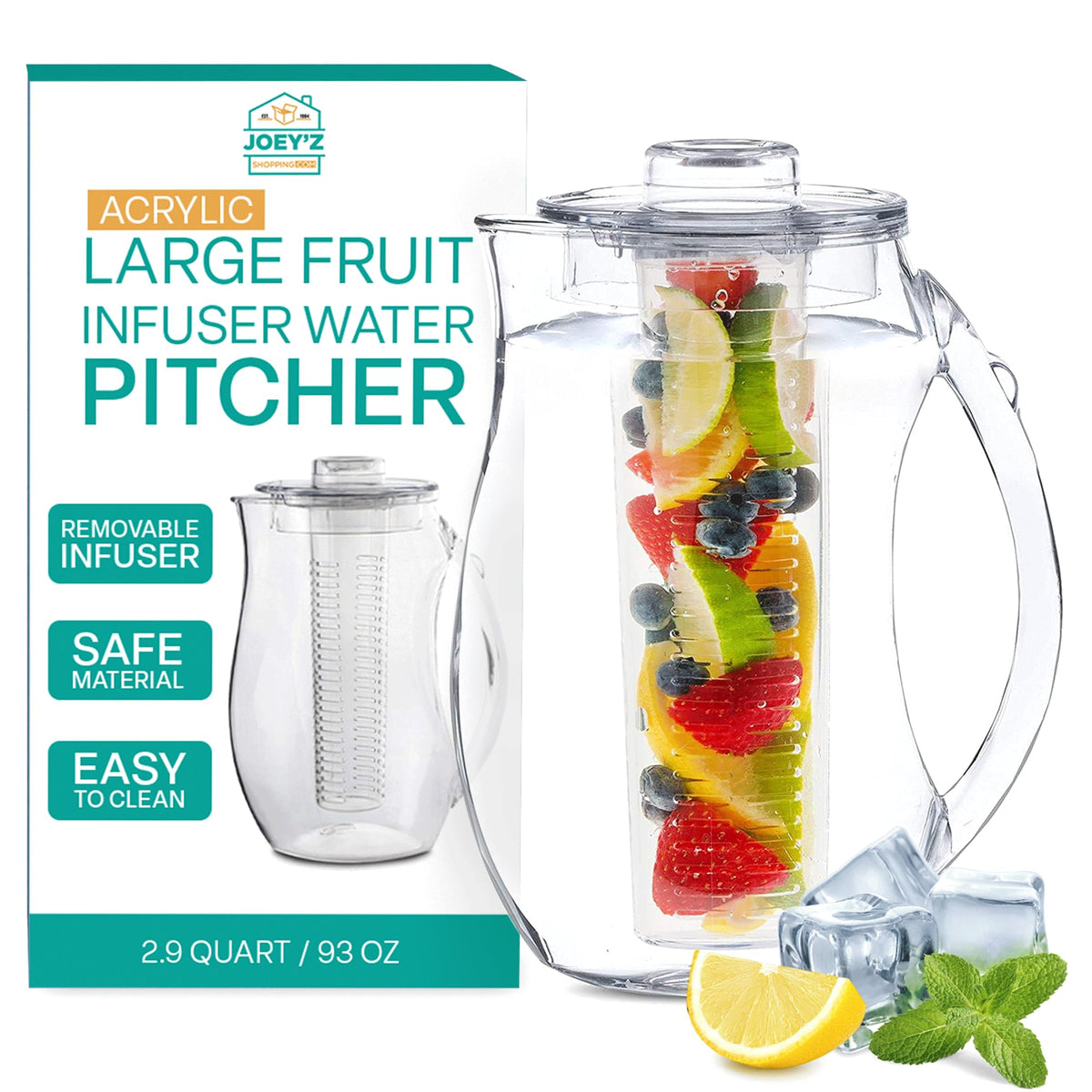 Large Fruit Infuser Water Pitcher (2.9 Quart/93 Oz) – Shatterproof Acrylic