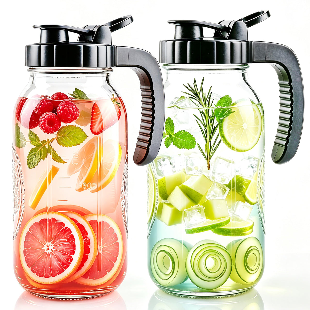 Glass Pitcher With Pour Spout Lid 64 OZ Wide Mouth Mason Jar Pitcher 2 Pack