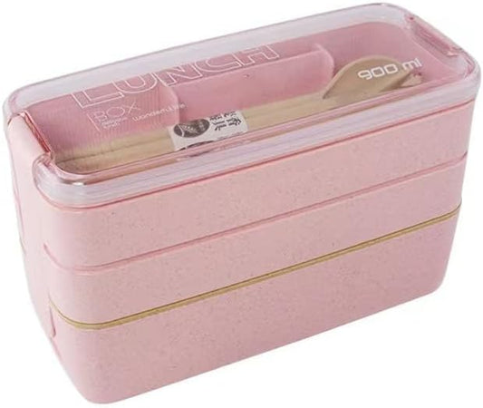 Portable Bento Box, 3-layers Lunch Box, 900ML Wheat Straw Dinnerware Food Storage Container (Pink)