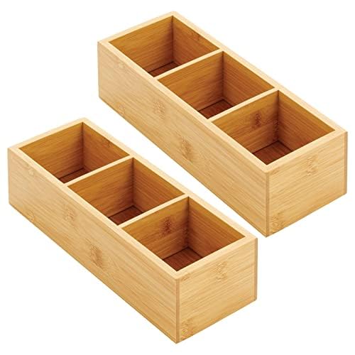 mDesign Slim Bamboo Wood Compact Food Storage Organizer Bin - 3 Divided Sections - Holder for Seasoning Packets, Pouches, Soups, Spices, Snacks - Natural