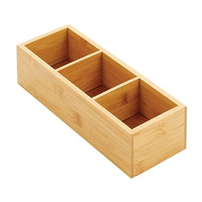 mDesign Slim Bamboo Wood Compact Food Storage Organizer Bin - 3 Divided Sections - Holder for Seasoning Packets, Pouches, Soups, Spices, Snacks - Natural