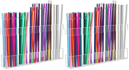 Malldii 9.5" Large Acrylic Straw Holder for Cabinet Door - Reusable Tumbler Straw Organizer Storage, Small Kitchen Accessories Container, Ultra Sticky Cupboard Door Mounted (Transparent)