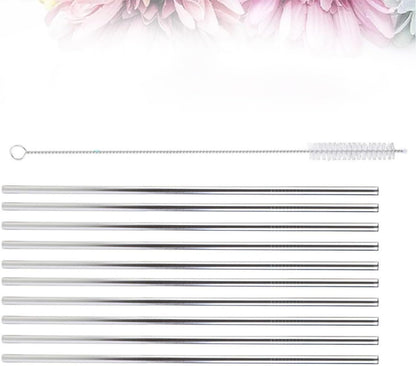 11pcs Straight Drinking Straws Set Stainless Steel Reusable