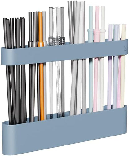 Silicone Straw Holder with 6 Slots for Cabinet Fridge Cupboard Door (Blue)