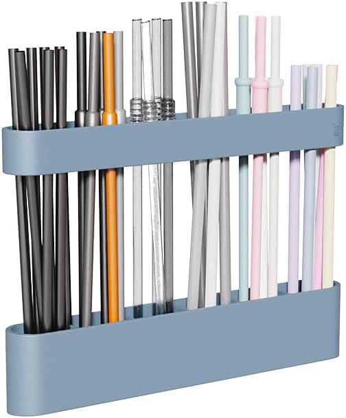 Silicone Straw Holder with 6 Slots for Cabinet Fridge Cupboard Door (Blue)