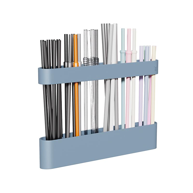 Silicone Straw Holder with 6 Slots for Cabinet Fridge Cupboard Door (Blue)