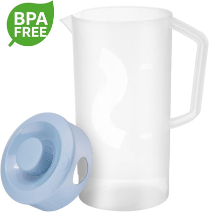 Tribello Pitcher with Lid Half Gallon, Clear Round Plastic Water Pitcher with 3-Way Lid, Ideal for Lemonade, Ice Tea, and Drinks, Freezer/Dishwasher Safe, and BPA Free (0.5 Gallon/2 Liters)