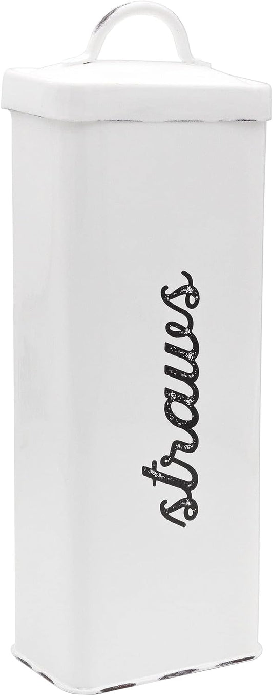 AuldHome Design Farmhouse Enamelware Straw Holder (White); Rustic Metal Straw Storage Canister