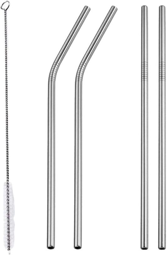Stainless Steel Straws Set Silver Reusable with Cleaning Brush