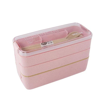 Portable Bento Box, 3-layers Lunch Box, 900ML Wheat Straw Dinnerware Food Storage Container (Pink)