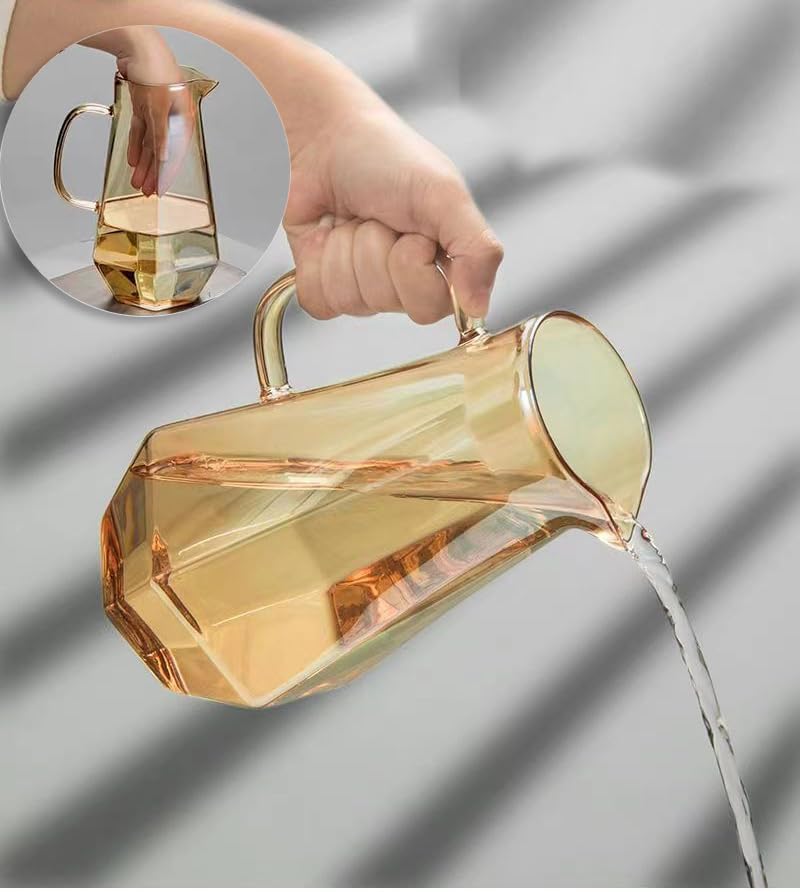 1.7 Liter/58oz Glass Pitcher with Lid Water Carafe Jug with Spout Handle for Hot/Cold Water Tea Beverage (Gold 1-Glass Pitcher)