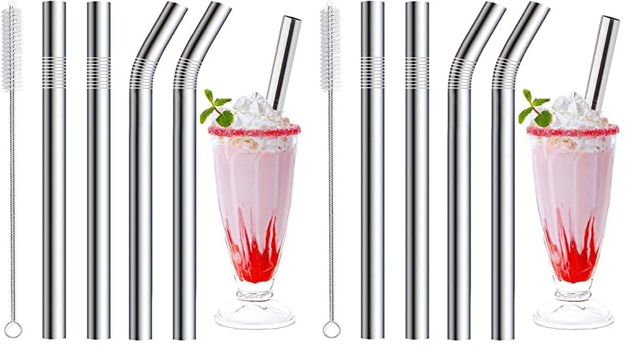 Vinaco 4 Pcs 0.35" Wide Bore Reusable Stainless Steel Metal Smoothie Straws