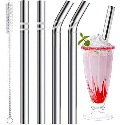 Vinaco 4 Pcs 0.35" Wide Bore Reusable Stainless Steel Metal Smoothie Straws