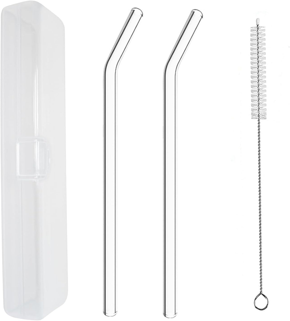 YOGURTCK 2pcs Reusable Clear Bent Glass Drinking Straws, 7.88" x 8MM, with Storage Box and 1 Cleaning Brushes, Perfect for Smoothies, Milkshake, Frozen Drinks, Tea, Juice, Coffee