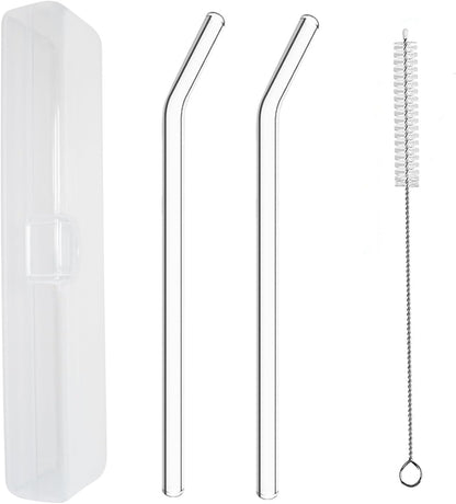 YOGURTCK 2pcs Reusable Clear Bent Glass Drinking Straws, 7.88" x 8MM, with Storage Box and 1 Cleaning Brushes, Perfect for Smoothies, Milkshake, Frozen Drinks, Tea, Juice, Coffee