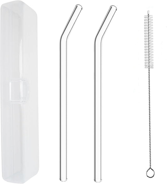 YOGURTCK 2pcs Reusable Clear Bent Glass Drinking Straws, 7.88" x 8MM, with Storage Box and 1 Cleaning Brushes, Perfect for Smoothies, Milkshake, Frozen Drinks, Tea, Juice, Coffee