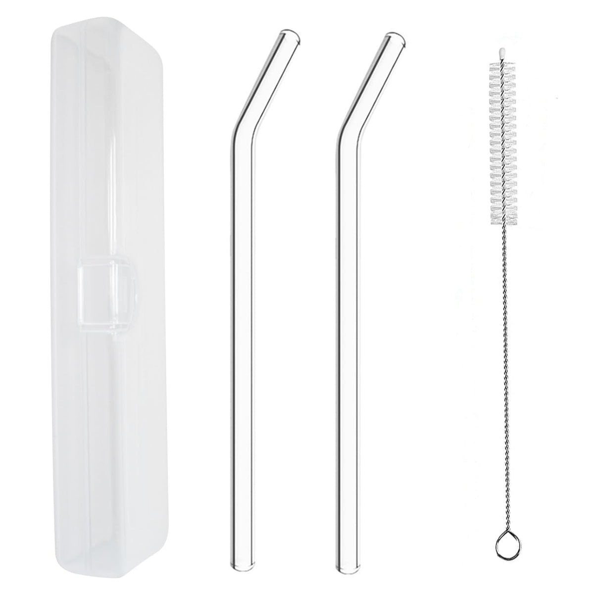 YOGURTCK 2pcs Reusable Clear Bent Glass Drinking Straws, 7.88" x 8MM, with Storage Box and 1 Cleaning Brushes, Perfect for Smoothies, Milkshake, Frozen Drinks, Tea, Juice, Coffee