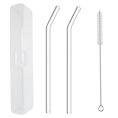 YOGURTCK 2pcs Reusable Clear Bent Glass Drinking Straws, 7.88" x 8MM, with Storage Box and 1 Cleaning Brushes, Perfect for Smoothies, Milkshake, Frozen Drinks, Tea, Juice, Coffee