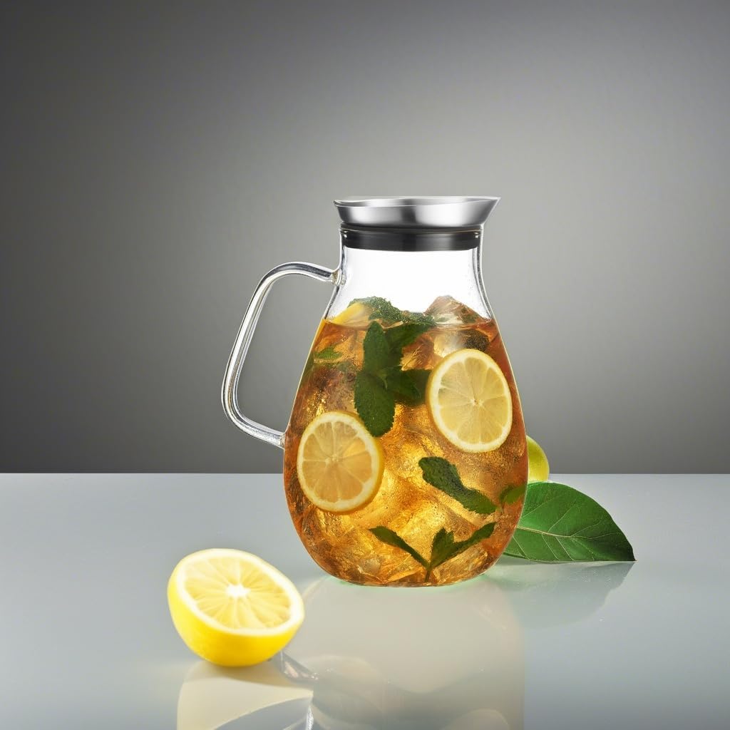 84- OZ Glass Pitcher With Stainless Steel Lid | Beautiful Lightweight Beverage Jug Carafe With A Wide Handle | Great For Cold & Hot Drinks Like Tea, Lemonade, Juice, Water, Coffee, Cold Brew