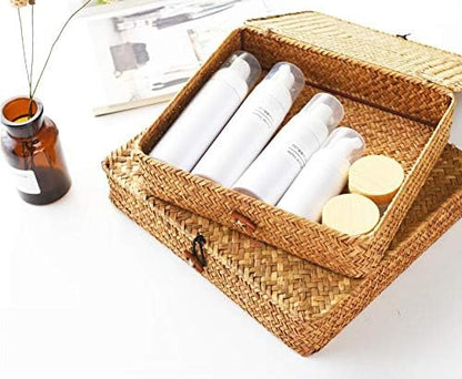 Seagrass Storage Basket Box with Lid, Natural, Set of 2