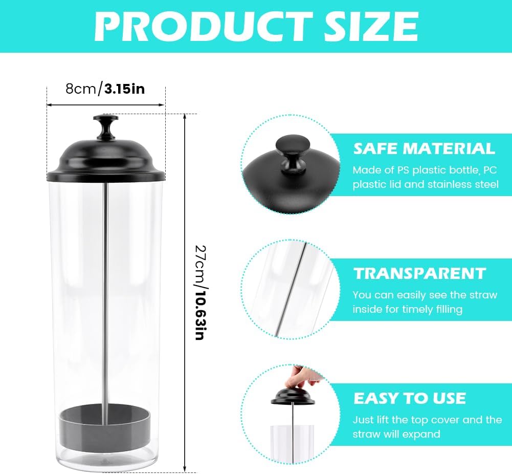 Straw Dispenser Holder for Standard Size Drinking Straws, Clear Plastic Drinking Straw Container with Lid for Kitchen Bar Party Counter, Holds Straws up to 8.5 Inches