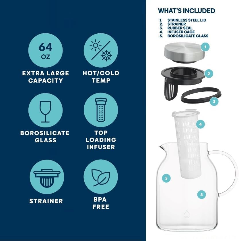 Infusion Pro Glass Fruit Infuser Water Pitcher, 2 Qt