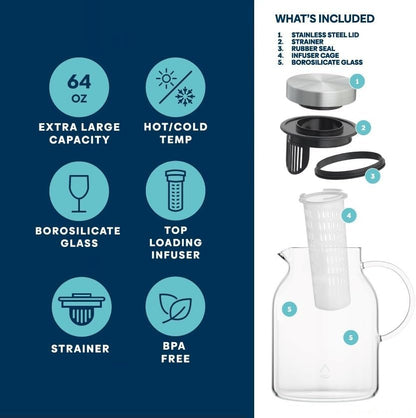 Infusion Pro Glass Fruit Infuser Water Pitcher, 2 Qt