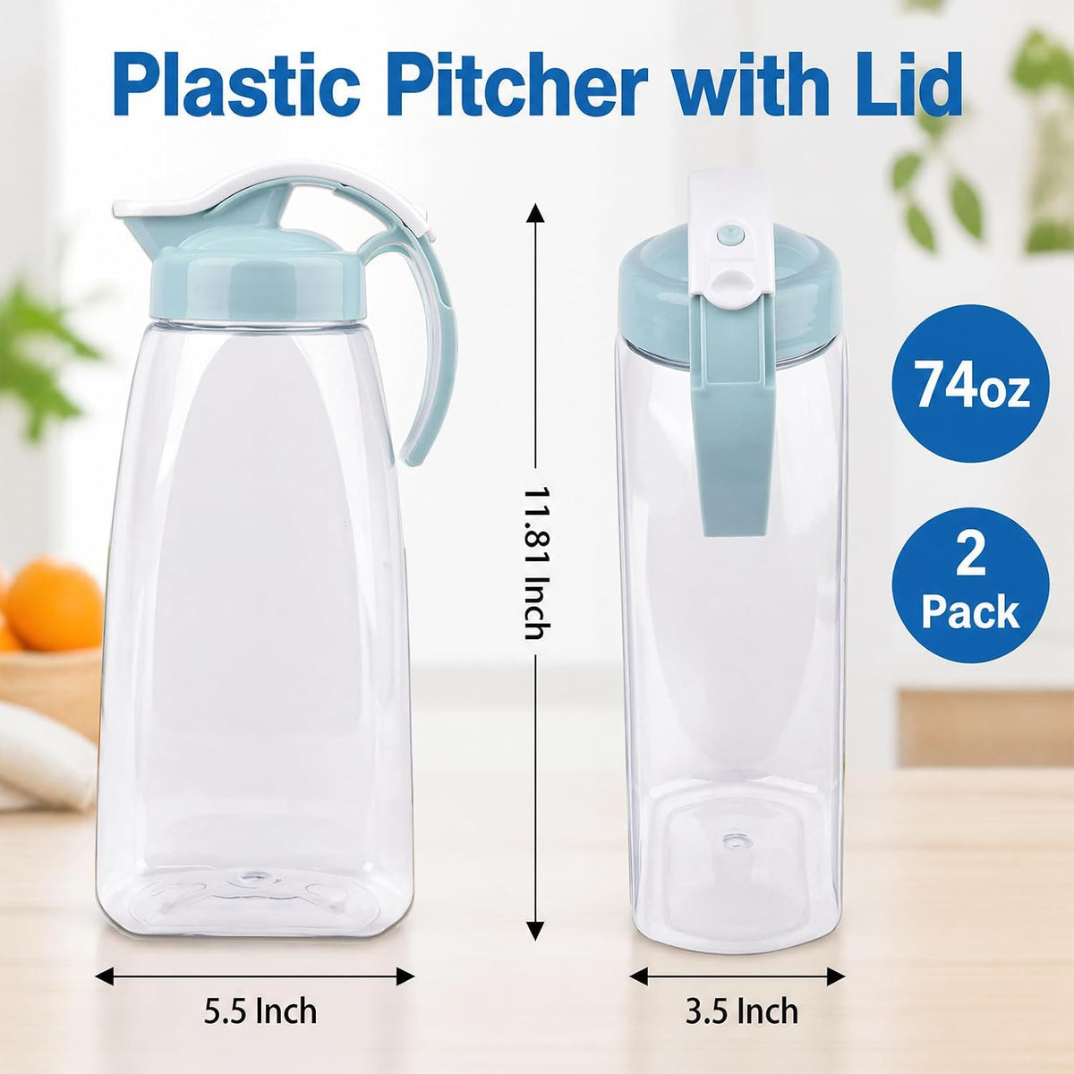 Frcctre 2 Pack Plastic Water Pitcher with Lid, 74 Oz Clear Airtight Beverage Pitcher Juice Container Water Carafe Fridge Jug for Juice, Coffee, Iced Tea, Lemonade, Heat Resistant & Shatter-proof