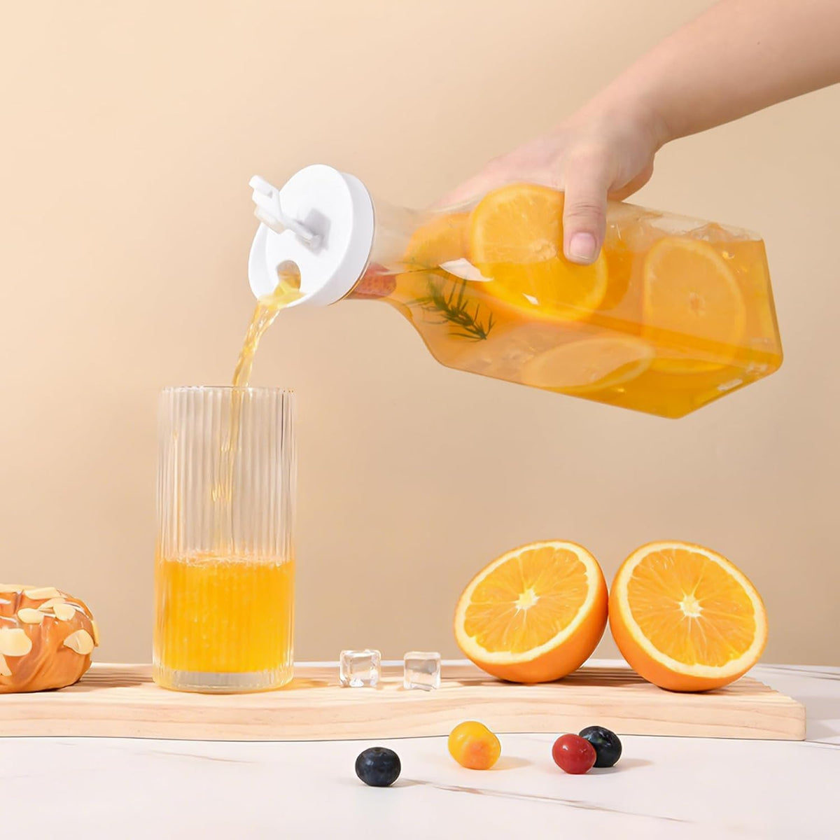 Set Of 2 Plastic Carafe With Lid, 50 Oz Mimosa Bar Supplies, Large Plastic Water Pitcher, Square Base Juice Containers For Party, Milk Container, Beverage Containers For Fridge- HAND WASH ONLY