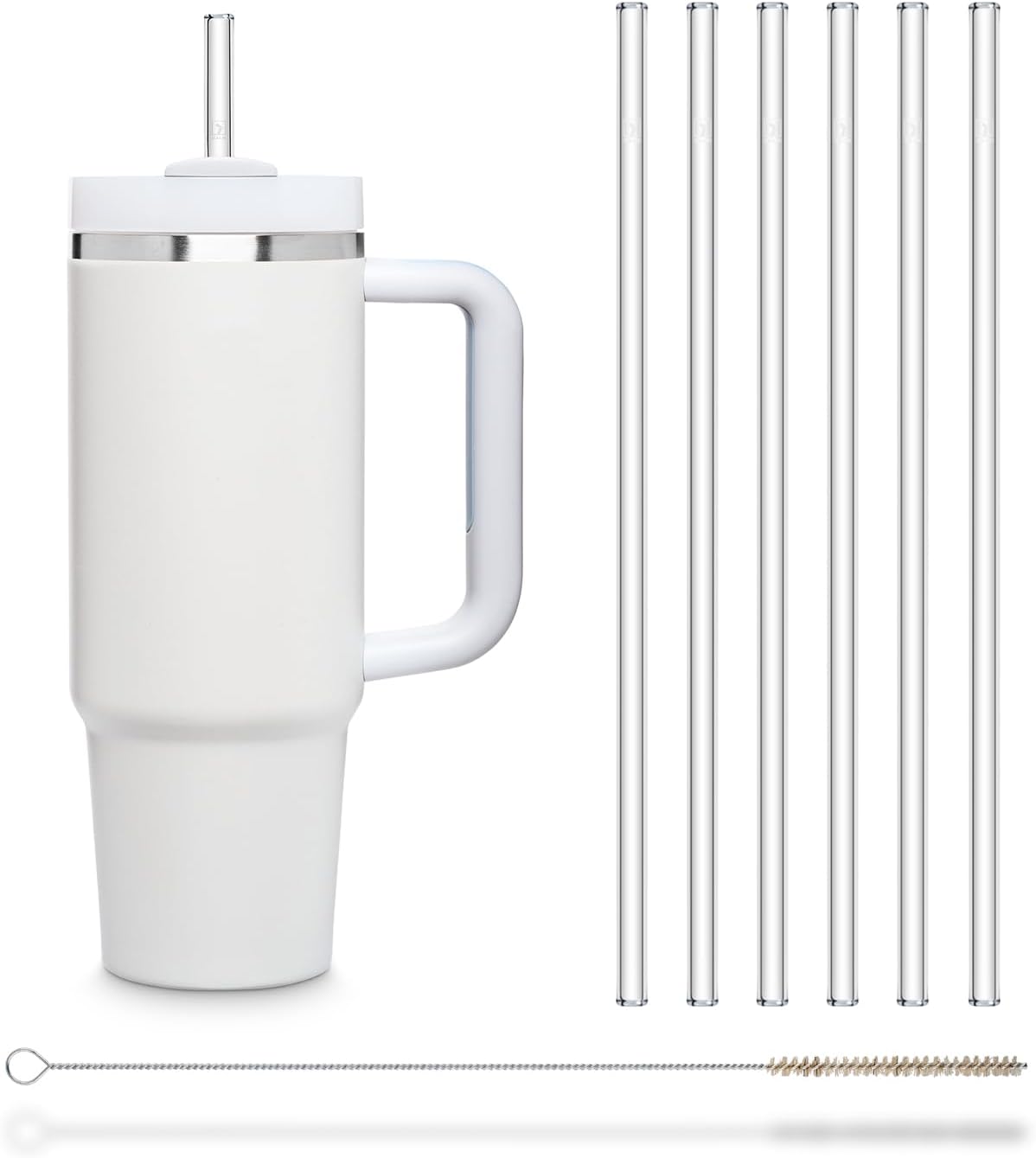 Halm Glass Straws - 6x 11 inch Long Replacement for Stanley Cup 30 OZ Bottles + Plastic Free Cleaning Brush - Dishwasher Safe - Sustainable, Water Bottles
