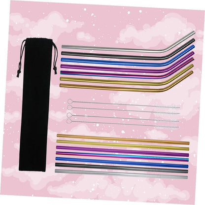 19Pcs Stainless Steel Drinking Straws Set Curved Straight with Brush