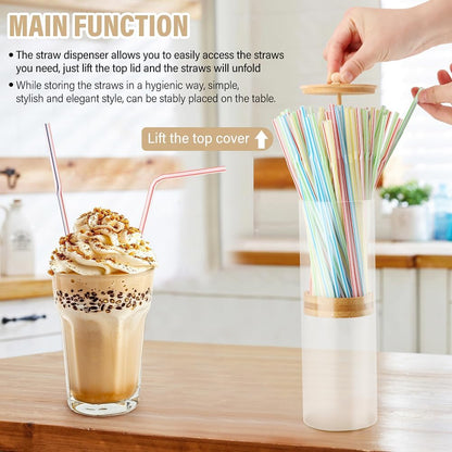 Straws Holder Dispenser with Bamboo Lid, 10-Inch Acrylic Drinking Straw Dispenser Includes 100 Colorful Straws Transparent Straw Storage Container for Kitchen,Pencils and Cutlery