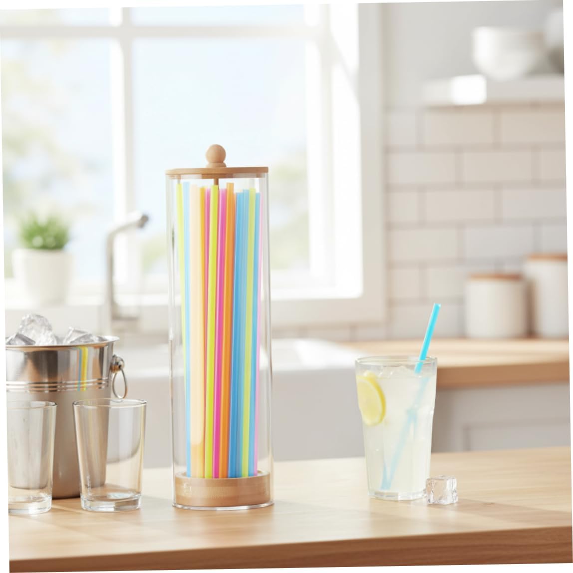 Straw Dispenser, Straw Dispenser With Bamboo Lid, Clear Acrylic Holder, Versatile Storage Container For Straws, Utensils, Makeup Brushes (25x8cm)..