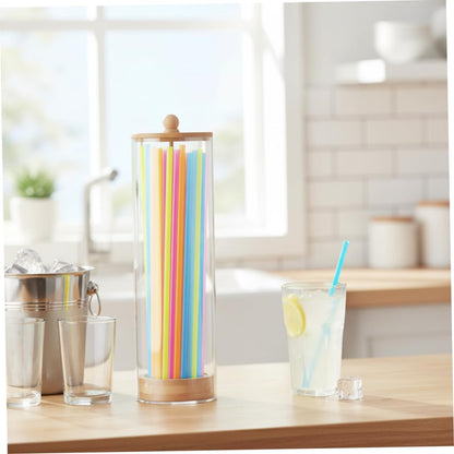 Straw Dispenser, Straw Dispenser With Bamboo Lid, Clear Acrylic Holder, Versatile Storage Container For Straws, Utensils, Makeup Brushes (25x8cm)..