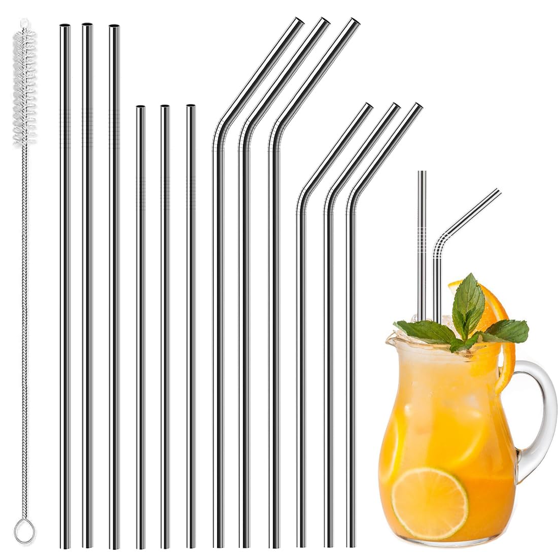 Vinaco 4 Pcs 0.35" Wide Bore Reusable Stainless Steel Metal Smoothie Straws