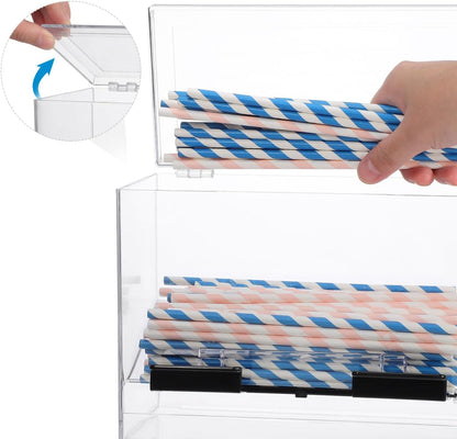 Cabilock Clear Acrylic Straw Dispenser Box 9X6.7X4.3 Inches Press Type Straw Organizer for Countertop Use in Restaurants Cafes and Snack Bars with Non-Slip Base