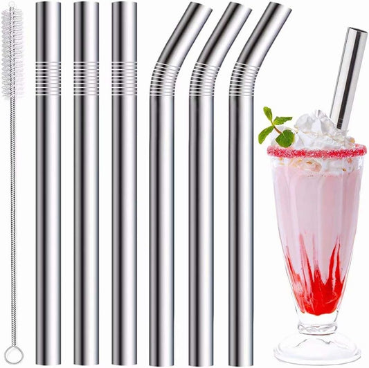 Vinaco 6 Pack 0.4" Wide Bore Reusable Stainless Steel Metal Smoothie Straws
