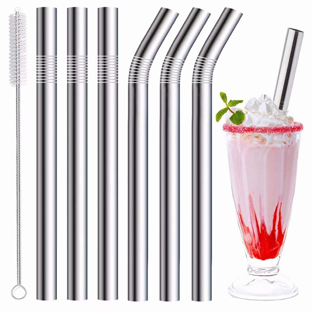 Vinaco 4 Pcs 0.35" Wide Bore Reusable Stainless Steel Metal Smoothie Straws