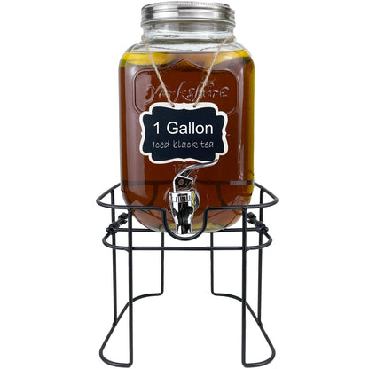 1 Gallon Glass Drink Dispenser for Parties, 2 Packs Juice Lemonade Ice Tea Water Dispenser with Stand, HENABLE Beverage Dispensers with Spigot for BBQ, Picnic, Party