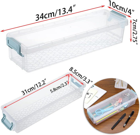 BTSKY Long Plastic Stackable Box Home, Office Supplies Storage Organizer Box Pencil Boxes Plastic Organizer Holder for Gel Pens Erasers Tape Pens Pencils Markers etc- 3 Pack - Clear with Blue Clip